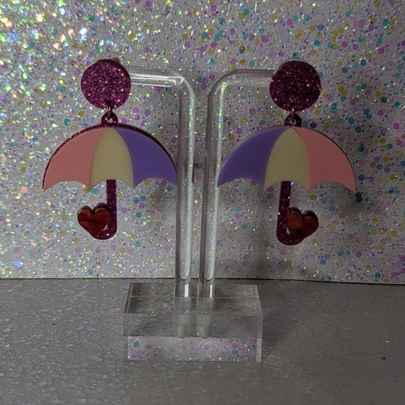Umbrella pink and purple glitter acrylic drop earrings - Picture 2 of 6